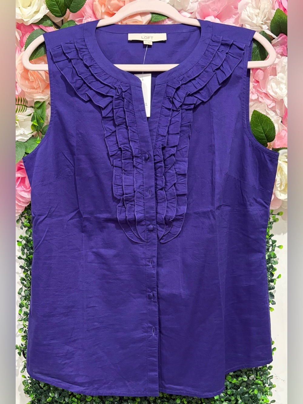 LOFT Purple Sleeveless Ruffle-Front Shell Top Brand New
